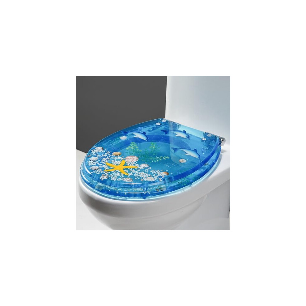 Bathroom Toilet Lid Transparent Resin Seat With 3D Ocean Effect Real Shells Slow-Close Adjustable Hinge Quick-Release 9393856145539