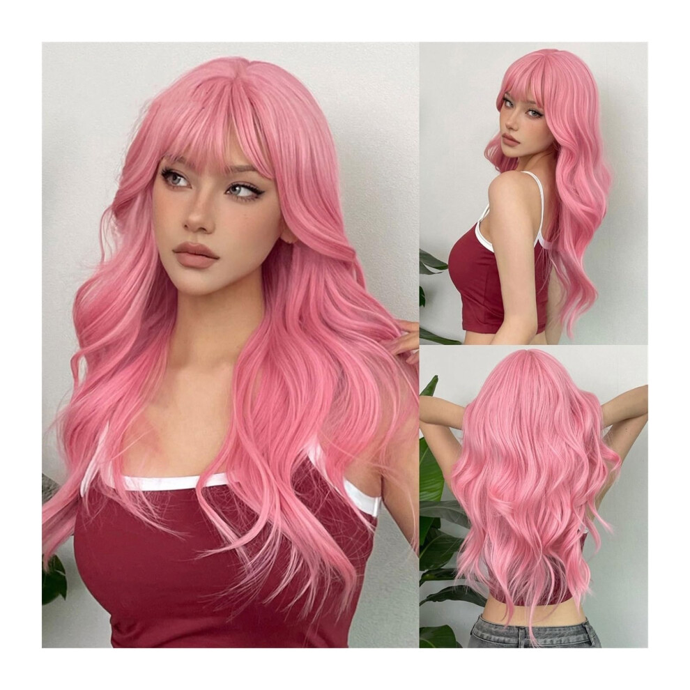 Unisex Pink,White Wigs With Neat Bangs For White Women Light Pink Long Wavy Cosplay Synthetic Wig With Bangs Afro Lolita Water Wave