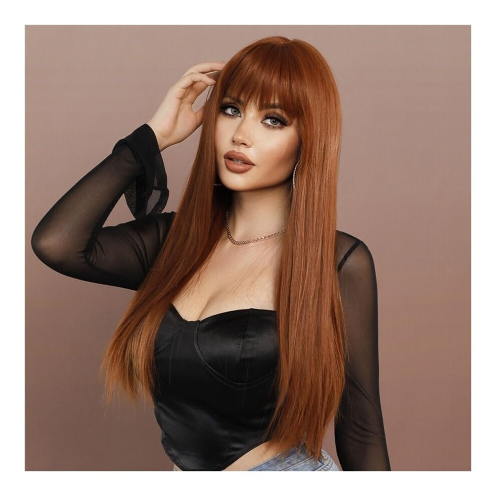 Unisex Brown Women's Wig Caramel With Bangs Long Straight Hair Full Head Coverage Ginger Wig