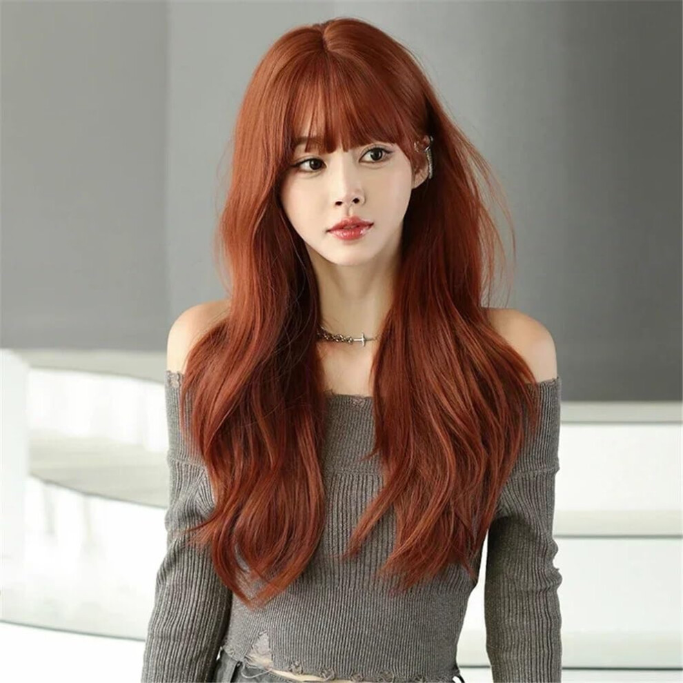 Unisex Brown Women's Wig Long Loose Wavy Synthetic Layered Wig With Bangs High Density Ginger Light Color