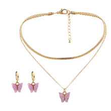 3Sets Vlinder Halsketting En Oorbellen Set Roze Voor Dames Accessoire