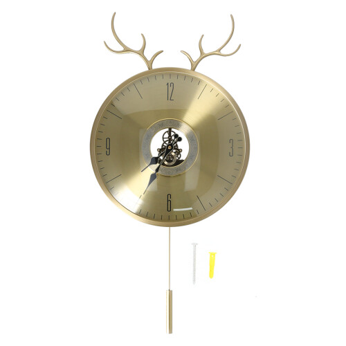 (JY‑81026E) Nordic Deer Head Copper Wall Clock with Pendulum