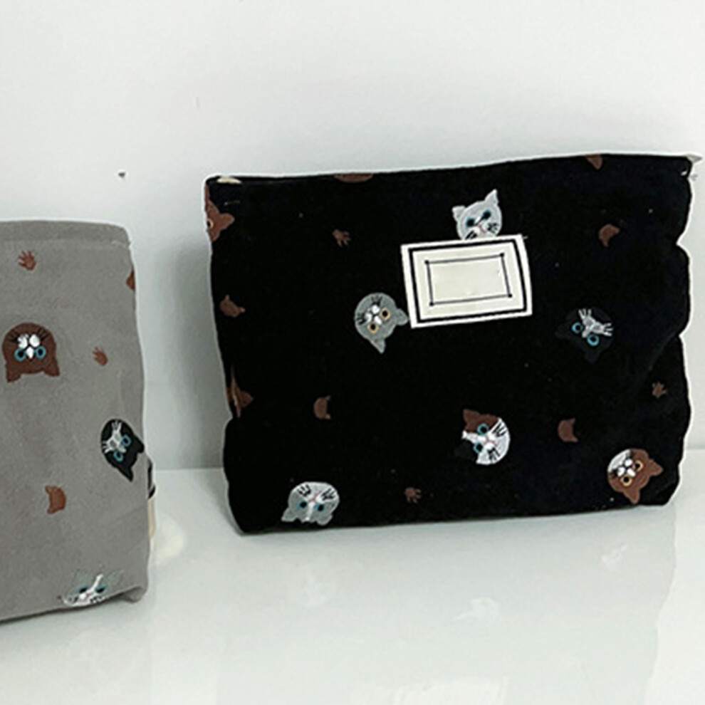 Portable Canvas Cat Embroidery Makeup Bag for Travel, Black