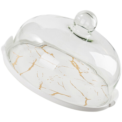 2Pcs Marbled Ceramic Cake Dessert Plate With Cover