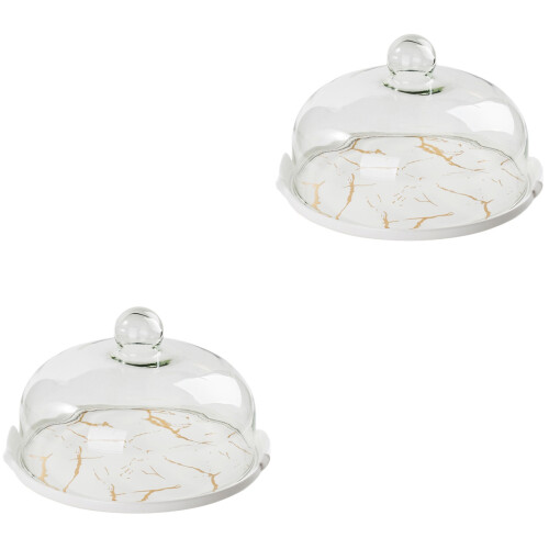 2Pcs Marbled Ceramic Cake Dessert Plate With Cover 2