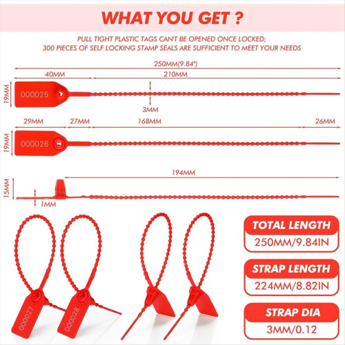 300 Pcs Plastic Tamper Seals, Numbered Zip Ties Security Tags 250mm 2