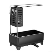 Kitchen Sink Drain Rack Sponge Holder With Towel Bar Soap Dispenser Organizer Cutlery Holder Black Countertop Caddy