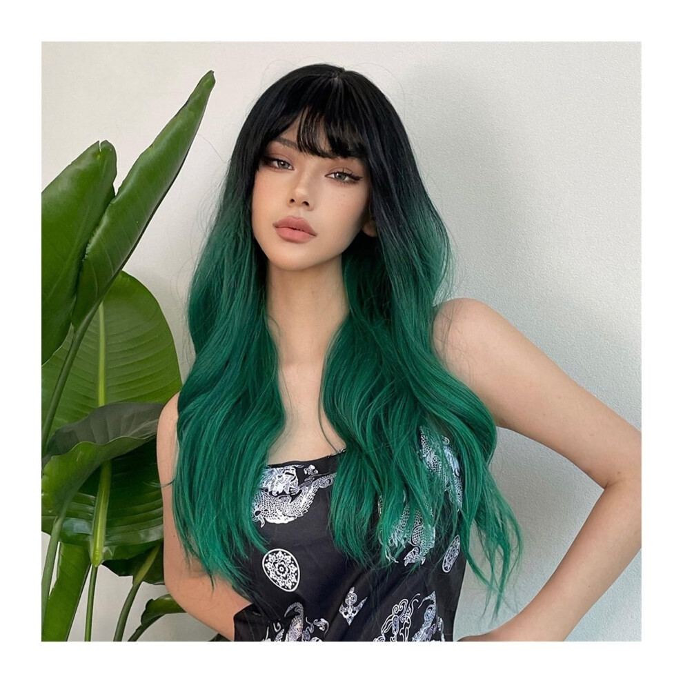 Unisex Green Wigs Human Hair Forest Alpine Long Curly Wavy Wig With Bangs Cosplay Wig For Women
