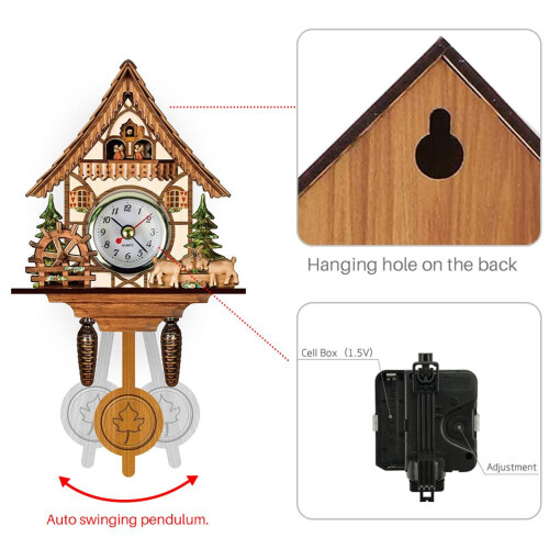 Antique Wooden Cuckoo Clock Wall Decor Auto Swing Pendulum 2
