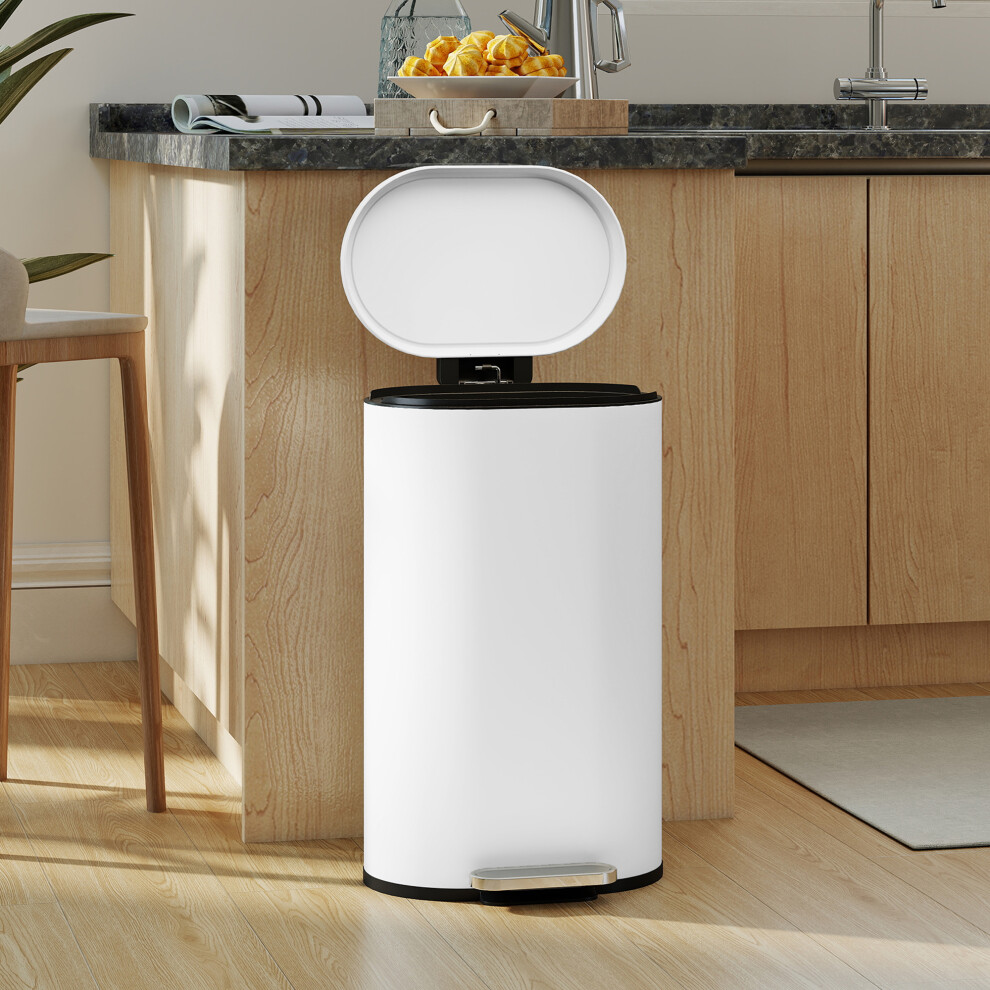 Homcom (White) Slim Rectangular Pedal Bin With Soft-Close Lid, 30L Kitchen Bin White