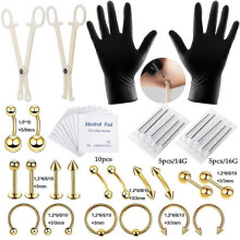 (gold, 10mm) 14G 16G Body Piercing Tool Kit Disposable Professional Body Piercing Needles Clamp Pliers Gloves Tools Ear Nose Navel Piercing