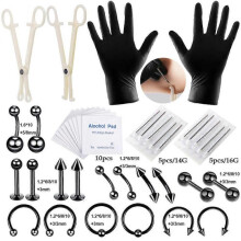 (black, 6mm) 14G 16G Body Piercing Tool Kit Disposable Professional Body Piercing Needles Clamp Pliers Gloves Tools Ear Nose Navel Piercing