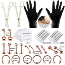 (rose gold, 8mm) 14G 16G Body Piercing Tool Kit Disposable Professional Body Piercing Needles Clamp Pliers Gloves Tools Ear Nose Navel Piercing