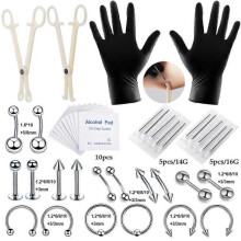 (silver, 10mm) 14G 16G Body Piercing Tool Kit Disposable Professional Body Piercing Needles Clamp Pliers Gloves Tools Ear Nose Navel Piercing