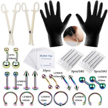 (rainbow, 8mm) 14G 16G Body Piercing Tool Kit Disposable Professional Body Piercing Needles Clamp Pliers Gloves Tools Ear Nose Navel Piercing