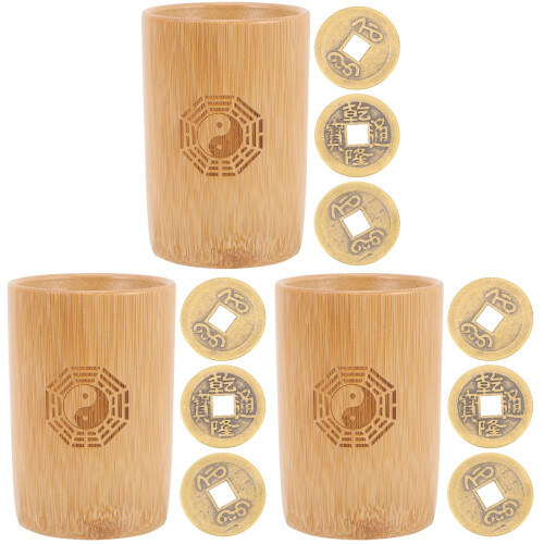 3Sets Bambus Orakeltopf Mit Kupfermünzen Hellbraun Divinationsspiel 1