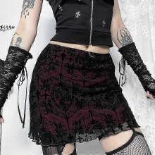 Harajuku Streetwear Gothic Print Velvet Double Skirt Women's Elegant Ruched High Waist Bodycon Wrap Mini Skirt