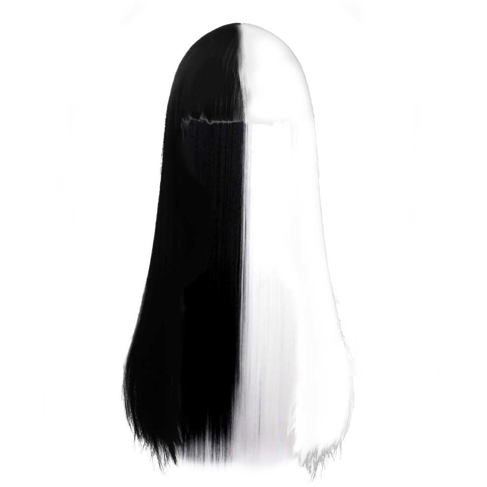 Aboofan 2Pcs Half Black Half White Long Straight Synthetic Wigs For Makeup