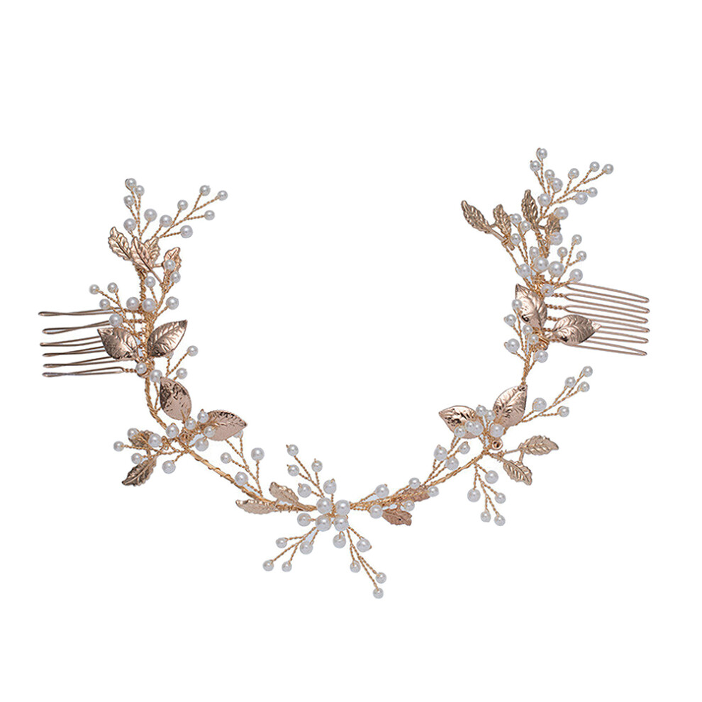 Villcase Unisex Golden Baroque Hair Comb With Lifelike Leaves And Artificial Pearls