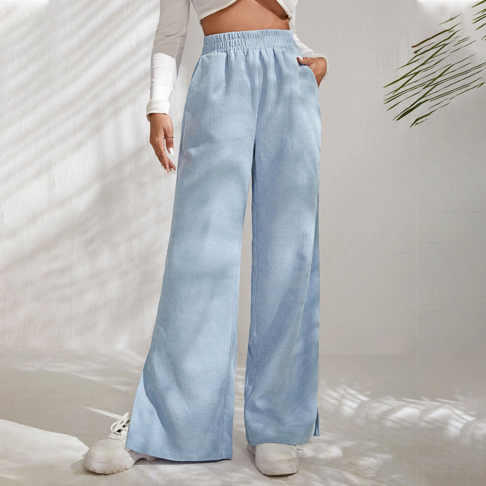 Light Blue XXL Woman High Waist Wide Leg Split Hem Long Pants-image-OPC-PKYDDBS-NEW
