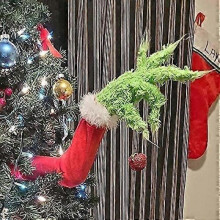 Christmas Elf Body Decorations Elf Arm for Christmas Tree Christmas Thief Stole Furry Green Arm Burlap Pose-able Plush Arm for Tree Tree Topper (Elf A