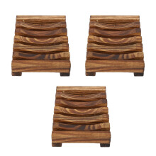 3 Pieces Wooden Soap Dish Holder Set with Hollow Vintage Design Bathroom Tray