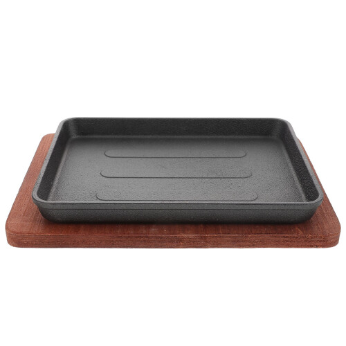 Set Of Steak Plate Griddle Pan With Wooden Handle Base