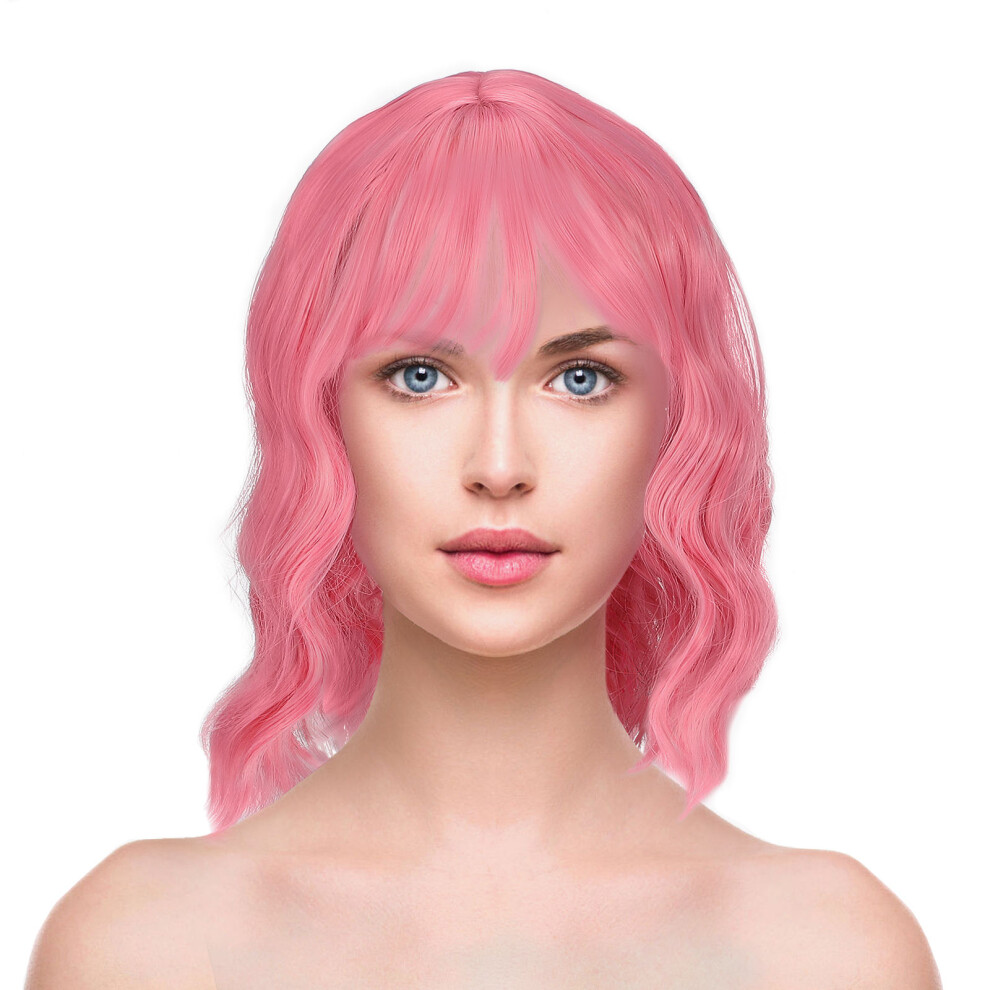 Aboofan Unisex Pink 2Pcs Short Curly Wig With Bangs For Women