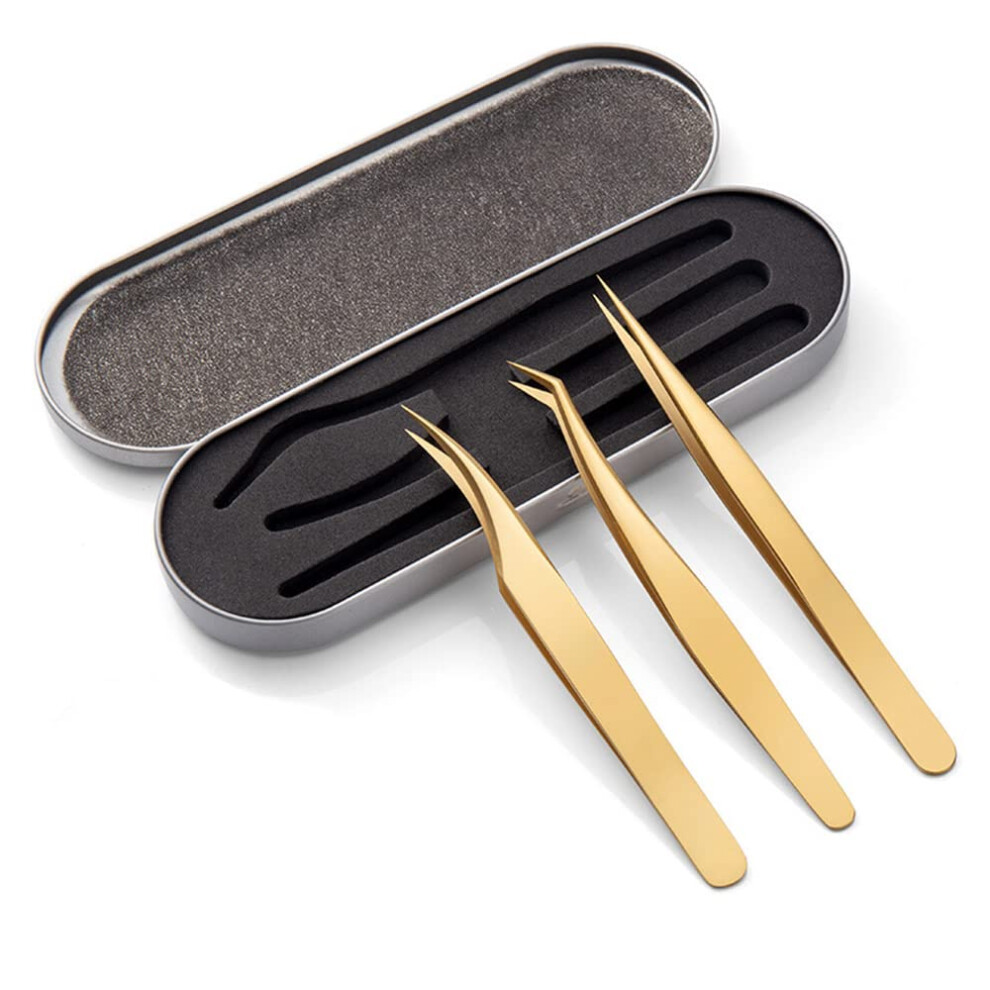 Gold 3 Pcs Eyelash Extension Tweezers Set, Stainless Steel Tweezers With Box, Professional Lash Tools For Volume Lashes