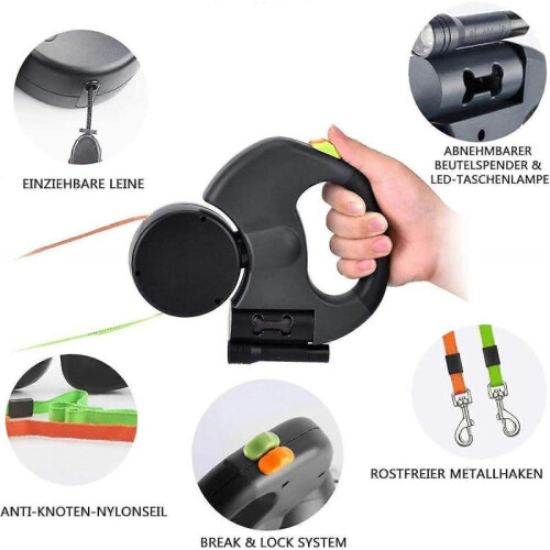 Double Dog Leash, retractable dog leash, tangle free 360  adjustable rotation with reflective 2