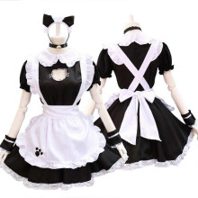 (XL, Black) Women's Open Bust Maid Apron with Cat Paw Embroidery Cosplay Costume