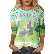(M,Green)Womens Easter Outfit Women Fashion Three Quarter Sleeve Tops Casual Printed T Shirt Tops Trendy Sweater for Women
