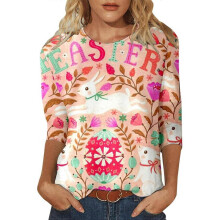 (3XL,Pink)Womens Easter Outfit Women Fashion Three Quarter Sleeve Tops Casual Printed T Shirt Tops Trendy Sweater for Women