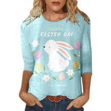 (2XL,Light Blue)Womens Easter Outfit Women Fashion Three Quarter Sleeve Tops Casual Printed T Shirt Tops Trendy Sweater for Women
