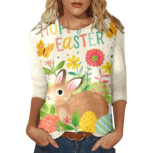 (XL,Beige)Womens Easter Outfit Women Fashion Three Quarter Sleeve Tops Casual Printed T Shirt Tops Trendy Sweater for Women