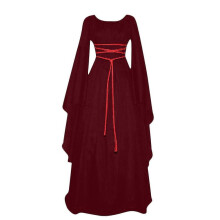 (M, Burgundy) Women Middle Age Vintage Costumes Sexy Long Sleeve Lace-up Medieval Gothic Floor Length Dresses Cosplay Retro Long Maxi Dress#g3