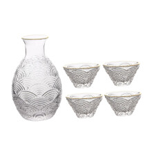 Japanese Style Sake Pot Set With 4 Glass Cups Striped Design Multi-Functional Sake Kettle For Home Use Color Variants