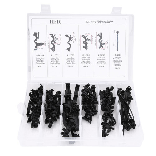 54pcs Car Wiring Harness Clips Assorted 6 Sizes Black Plastic Storage Box 1