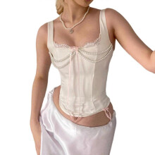 (M, White) Vintage Lace Corset Vest Sleeveless Tie Corset Crop Top Costume Dress Laceup Back Tied Waspie Waist Cincher for Party  White M