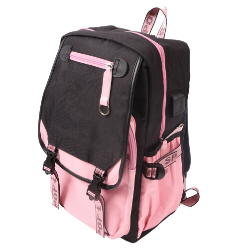 Polyester Casual Backpack with USB & Headphone Ports Black Pink