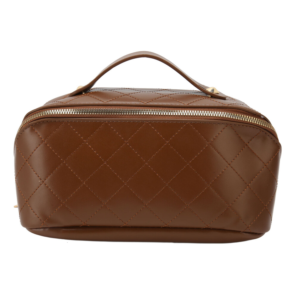 Brown Large Pu Leather Makeup Bag With Handle, Prevent Deformation