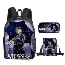 (3Pcs Set) Wednesday Addams Character Print Schoolbag Children Backpack Three-piece Set For Kids' Gifts-