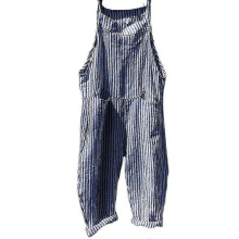 (3XL, Blue) Women's Ladies Summer Striped Casual Loose Long Bib Overalls Pants Wide Leg Jumpsuits Baggy Rompers Trousers With Pockets