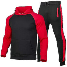 (M, Black Red) Men Colorblock Hoodie Hooded Pullover Sweatshirt Tops Trousers Casual Sports Jogging