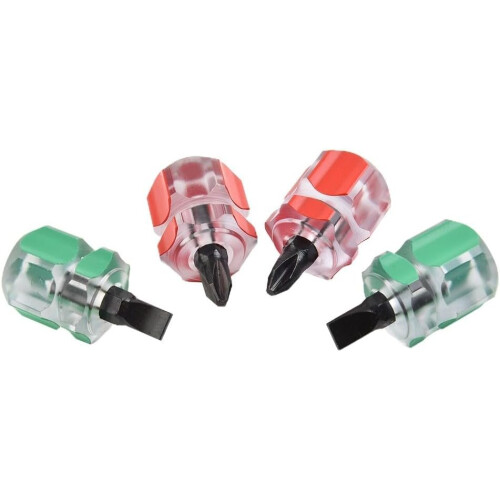 Stubby Screwdrivers 4-Piece Bit Set for Narrow Spaces, Flat and Phillips Heads 1