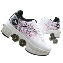 Invisible Roller Skates 2-In-1 Skates With Double-Row Wheel, Rechargeable Battery, 7-Color Lights, White Pink Flower