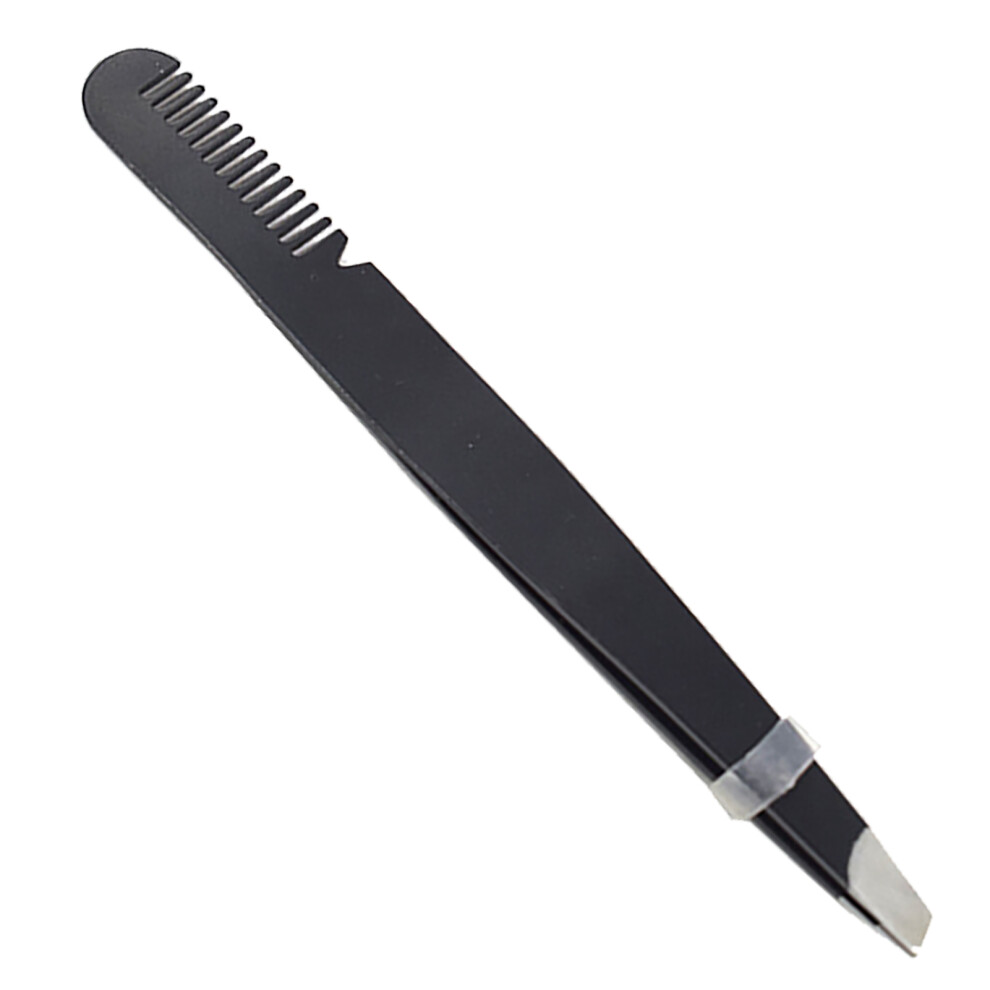 Black Stainless Steel Eyebrow Tweezers With Comb, Precise Slant Tip,