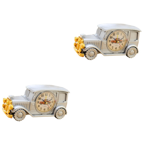 2 Pcs Classic Car Shape Desktop Alarm Clock For Home Office Silver 2