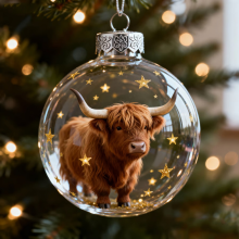 2026 Wildlife Wonders Collection Crystal Glass Ornament, Vivid 3D Animal Christmas Decoration, Clear Plastic Xmas Balls, Highland Cow Ornament