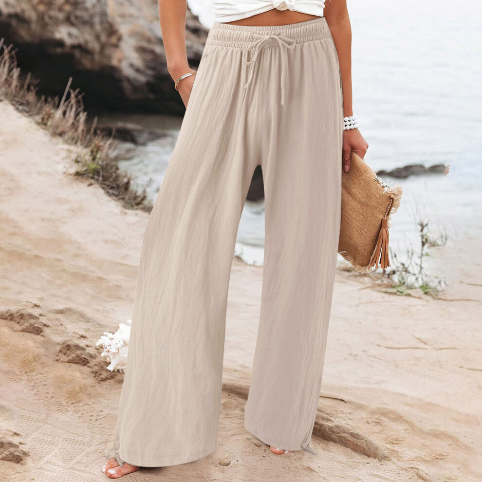 Women Wide Leg Long Pants Apricot S-XXL Elastic Waist Casual Wear-image-OPC-PKYNGNB-NEW